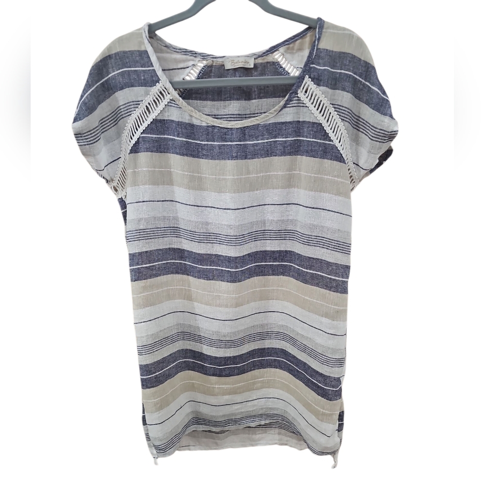 BELLAMBRA Blue, Gray &White Striped Linen Tunic..  Sz S   EUC